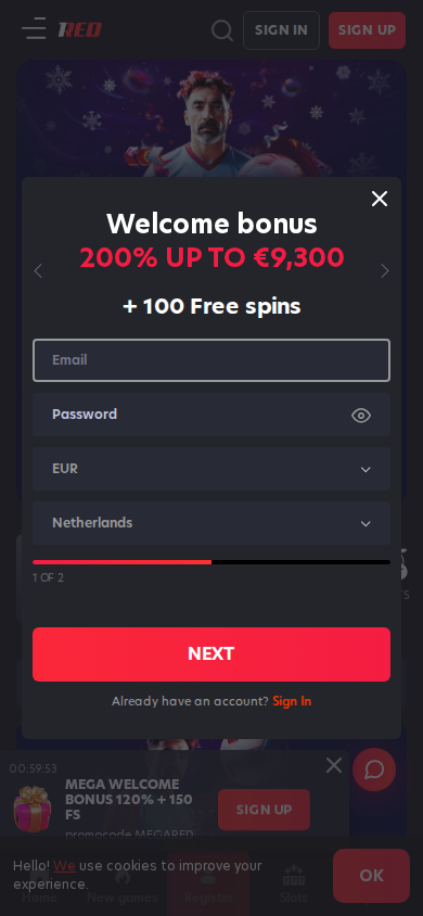 1Red casino mobiele weergave